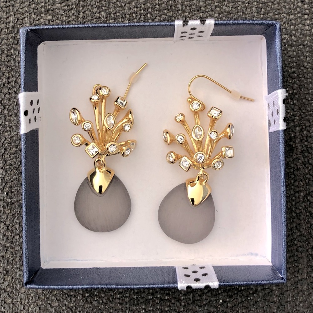 Brand New Crystal and Grey Lucite Dangle Earrings. Beautiful Designer look.